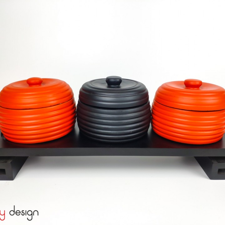 Set of 3 round black orange candy boxes included stand